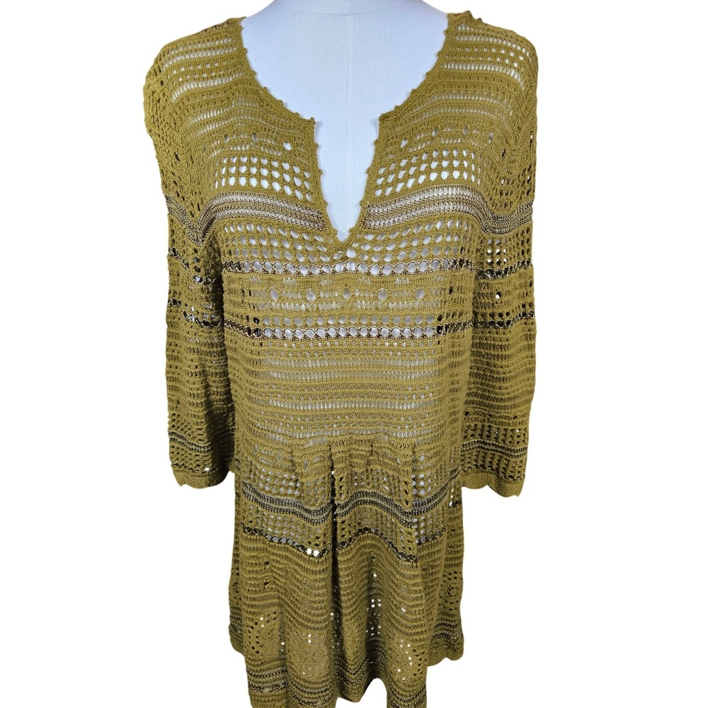 Premise Studio Womens XL Olive Green Crochet Knit Tunic Top Metallic Accents NWT